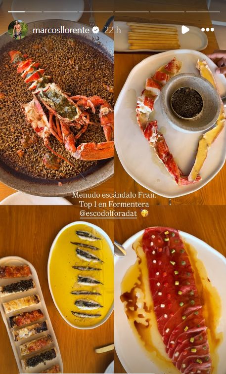 Arroz con bogavante o cangrejo real, dos de los platos del banquete gastronómico que ha disfrutado Marcos Llorente en Formentera,