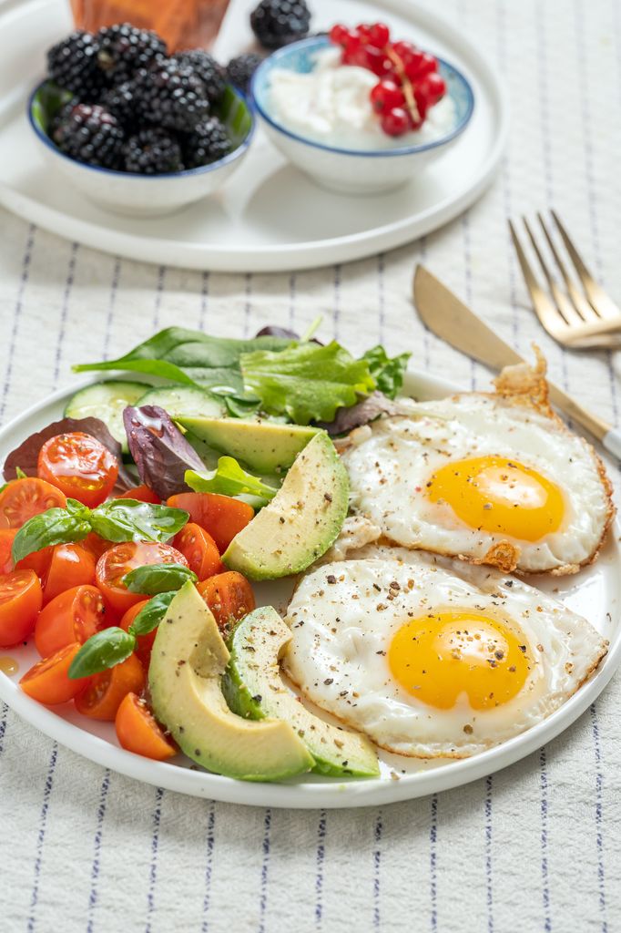 Imagen de un desayuno con huevos, aguacate y tomate