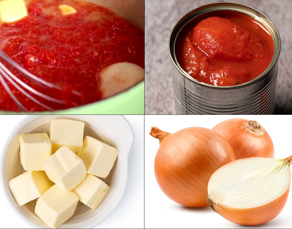 Tomate en conservar, mantequilla y cebolla, los ingredinetes de esta salsa.