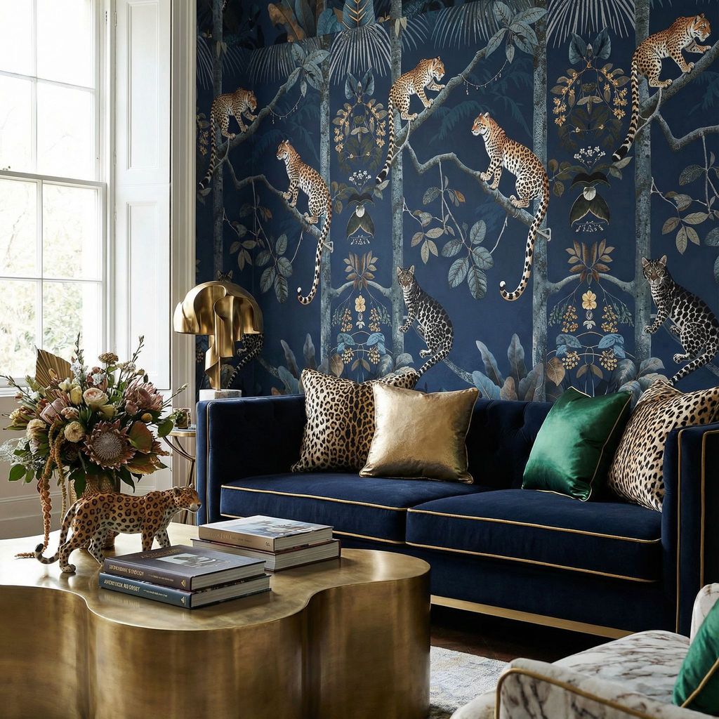 Papel pintado con estampado de leopardos sobre fondo azul oscuro