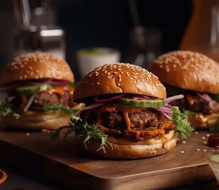 Hamburguesa con pan, carne y guarniciones 
