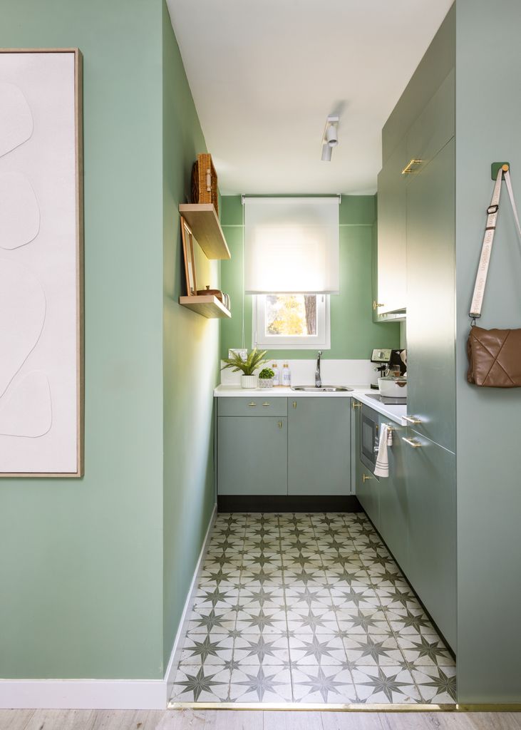 Cocina estrecha y alargada decorada en verde