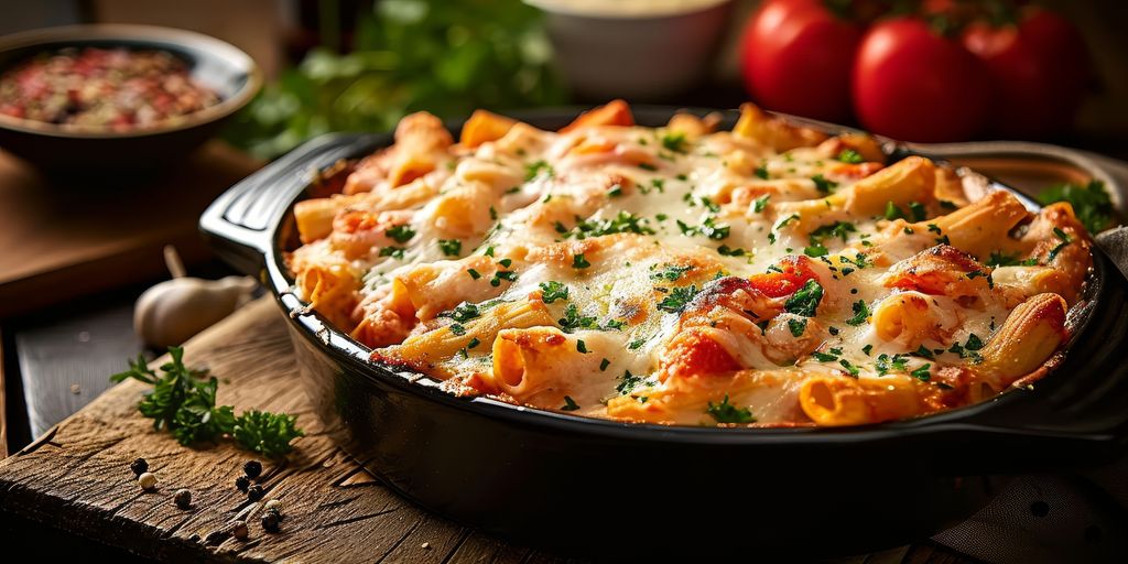 Macarrones gratinados con marisco