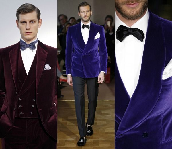 Esmoquin de tercipelo de colores, de Ede & Ravenscroft y Cifonelli, vistos durante la presentación de las colecciones masculinas para la temporada otoño-invierno 2015-2016. 