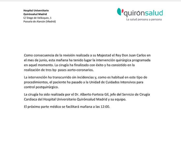El primer parte médico de la operación del Rey