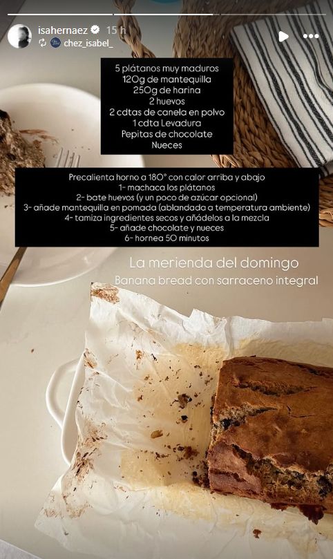 Story que Isa Hernáez publicó en sus redes con la receta de su Banana bread.