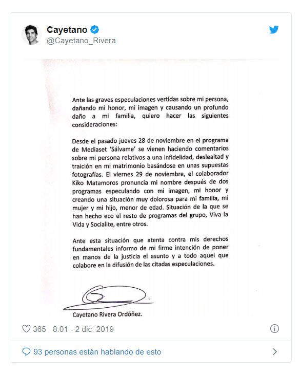 Comunicado de Cayetano Rivera