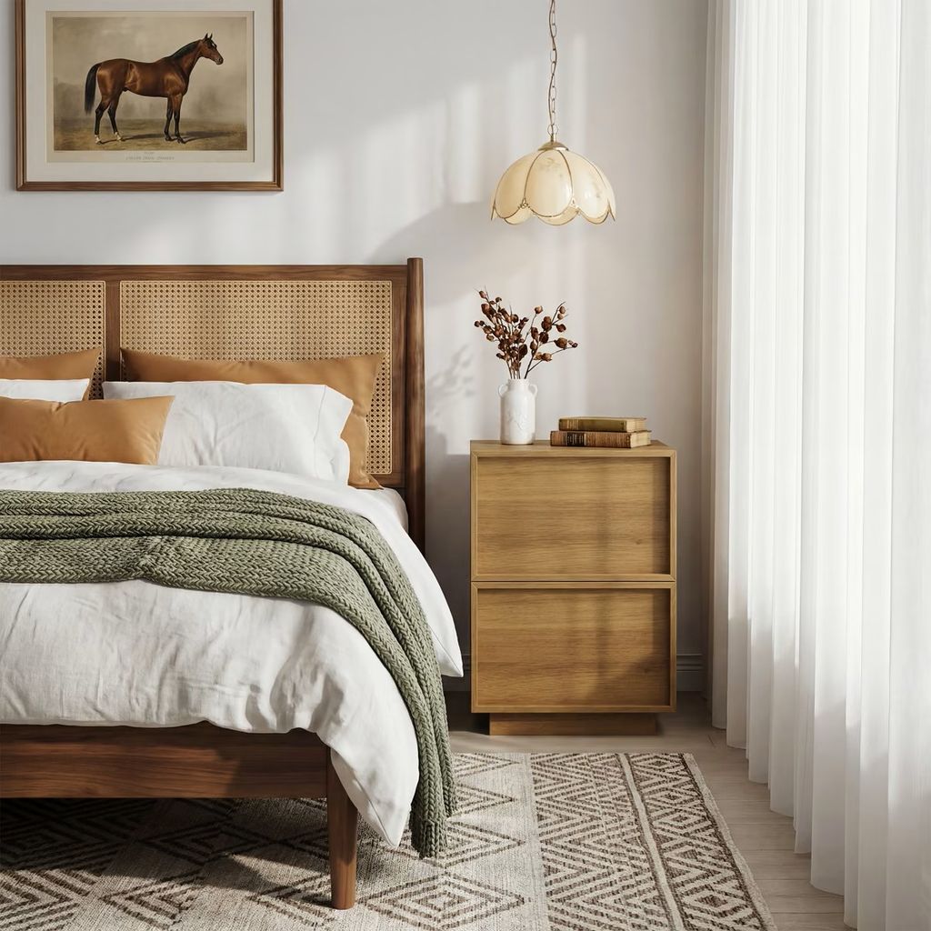 Dormitorio con cabecero de rejilla y mesilla de madera