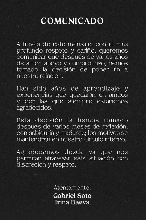 Gabriel Soto e Irina Baeva han anunciado el fin de su relación por medio de un comunicado 