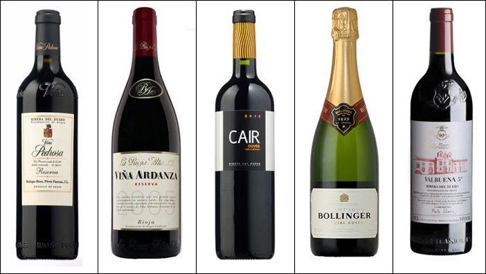 De izquierda a derecha: 'Viña Pedrosa Reserva 2011'; 'Viña Ardanza Reserva 2005'; 'Cair Cuvée 2012'; 'Bollinger Special Cuvée': y 'Valvuena 5º Reserva 2009'.
