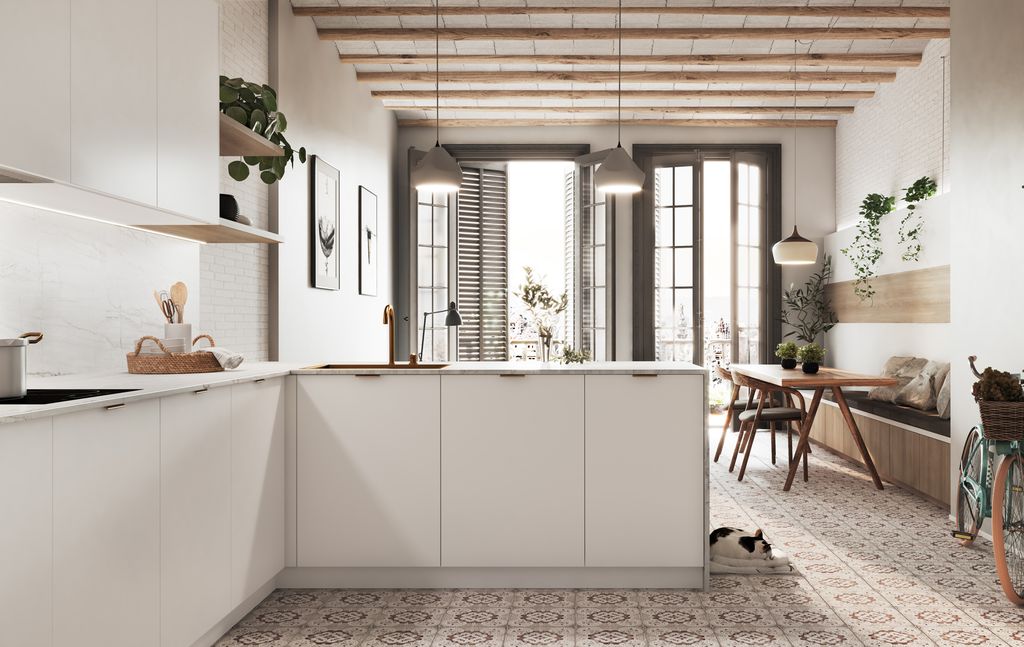 Cocina blanca con suelo de mosaico
