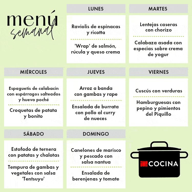 MENÚ SEMANAL DEL LUNES 26 DE FEBRERO AL DOMINGO 3 DE MARZO