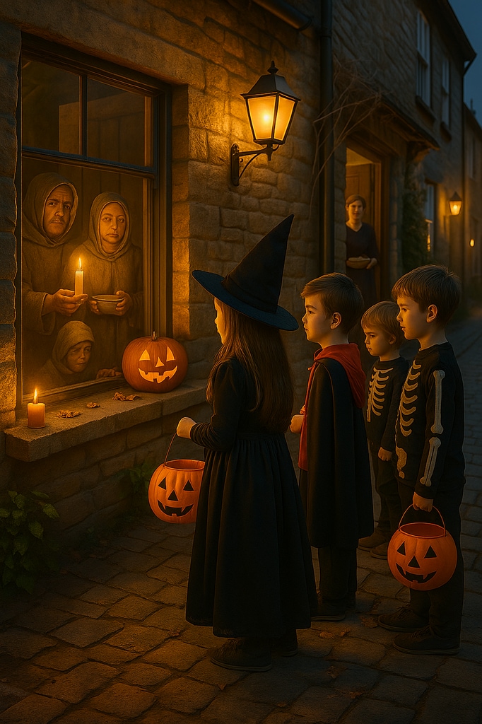Una escena realista de Halloween muestra a niños pidiendo dulces frente a una casa antigua, donde se reflejan figuras medievales que evocan el origen histórico del “truco o trato”.