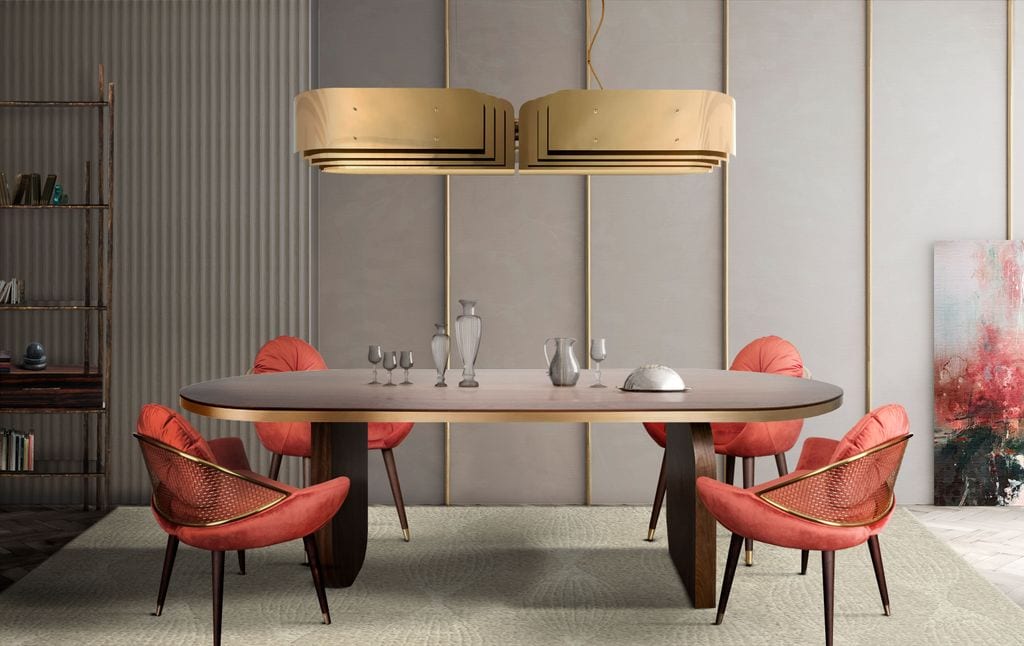 Comedor paradigma del lujo, elegante y con elementos dorados o de latón