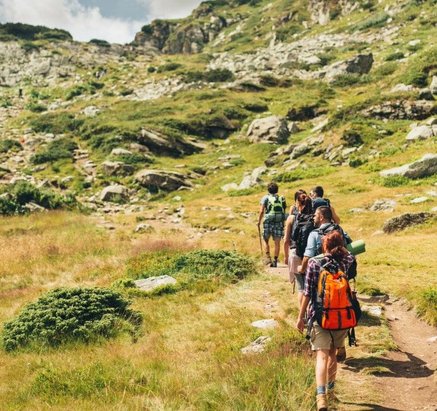 Jóvenes senderistas caminando en la naturaleza