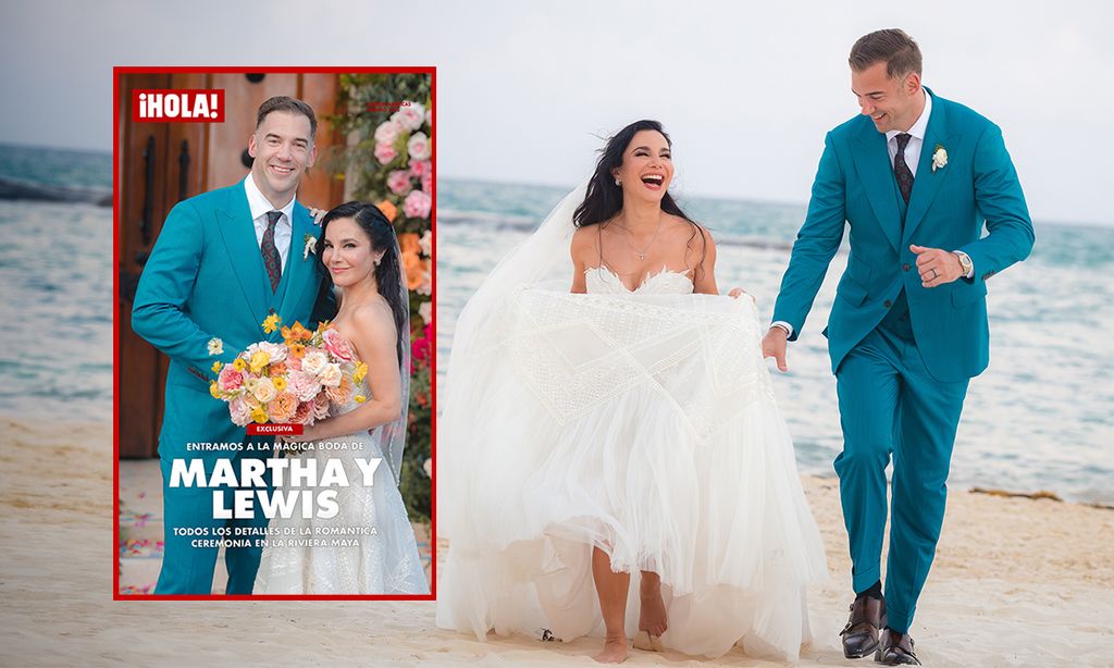 Martha Higareda y Lewis Howes en su mágica boda mexicana en la Riviera Maya, con trajes elegantes y un fondo de playa paradisíaco.