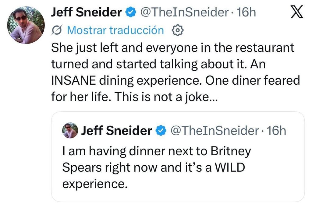 El periodista aseguró que cenar en el mismo lugar que Britney fue una "locura".