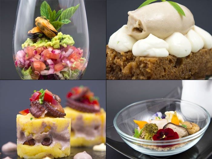 En la imagen, algunas de las tapas que se pueden degustar en 'Santiago (é) tapas'. De izquierda a derecha y de arriba abajo: Cebi-mojito de Mejillón de Galicia y Aguardiente (Los Caracoles); Bica gallega con mousse de queso del Cebreiro y helado de licor café (QCafé - A Quinta da Auga); Causa de pulpo á feira (La Cavita), y Aldea (O Afiador).

