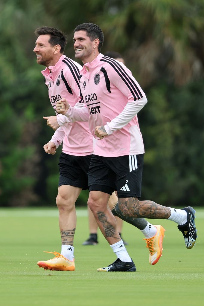 FORT LAUDERDALE, FLORIDA - APRIL 15: Rodrigo De Paul #7 and Lionel Messi #10 of Inter Miami CF run during a training session at Florida Blue Training Center on April 15, 2026 in Fort Lauderdale, Florida. (Photo by Leonardo Fernandez/Getty Images)