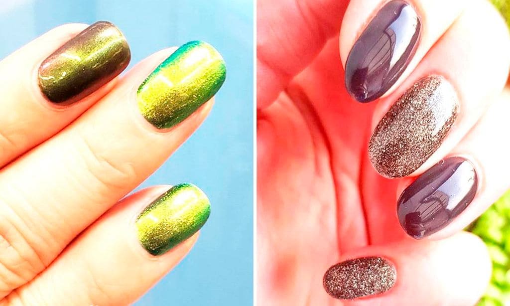 una manicure estilo squoval se ve potenciado con tonos metalizados