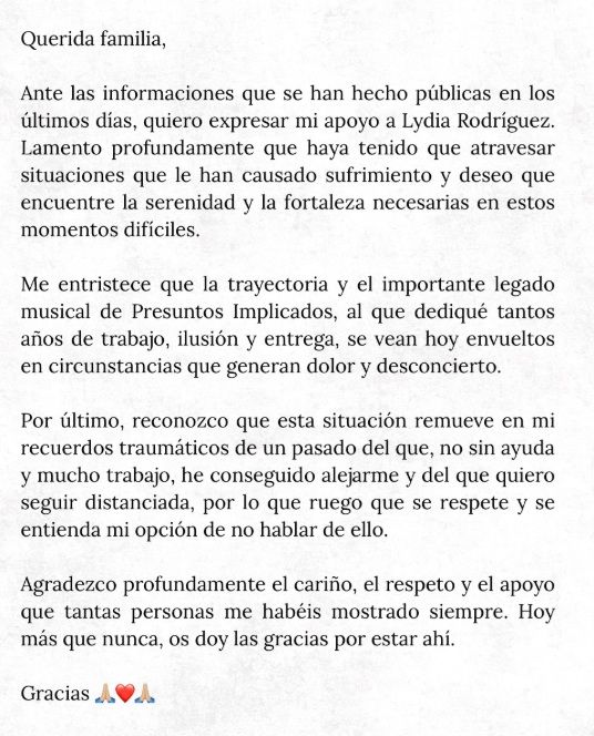 El comunicado que ha publicado la artista en sus redes sociales