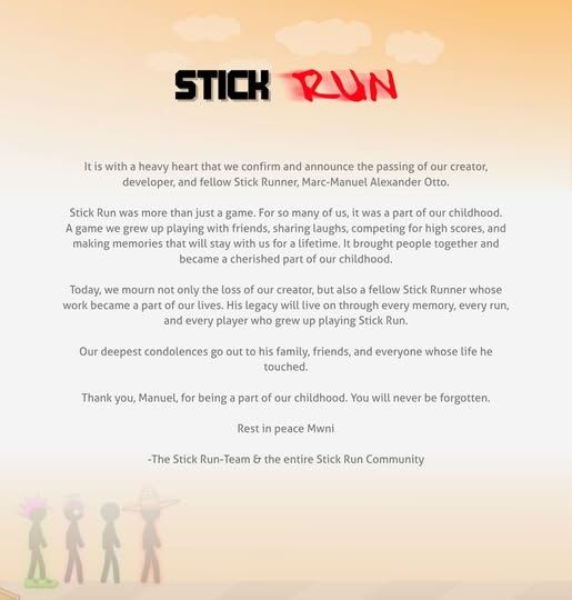 Comunicado de Stick Run anunciando la muerte de Manuel Otto