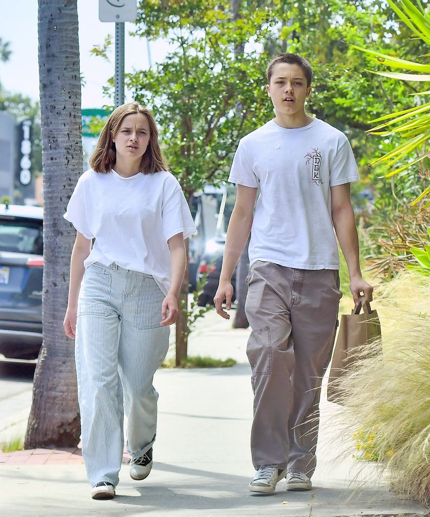 Los mellizos de Angelina Jolie, Knox y Vivienne Jolie-Pitt, ya adultos, caminan hacia un supermercado en Los Ángeles. Fueron vistos comprando comida antes de regresar a su casa.