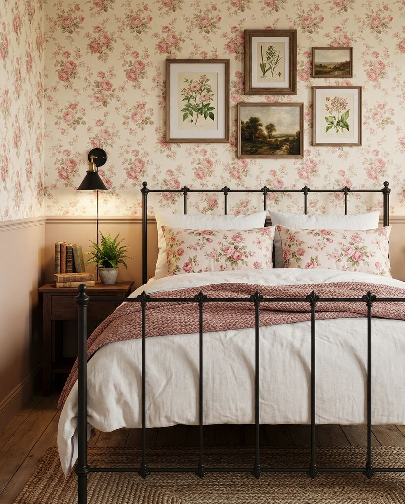 Dormitorio con cama de forja y mesilla de madera