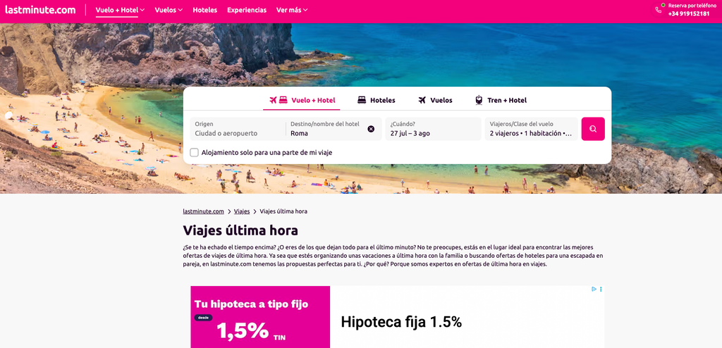 Portada página web LASTMINUTE.COM