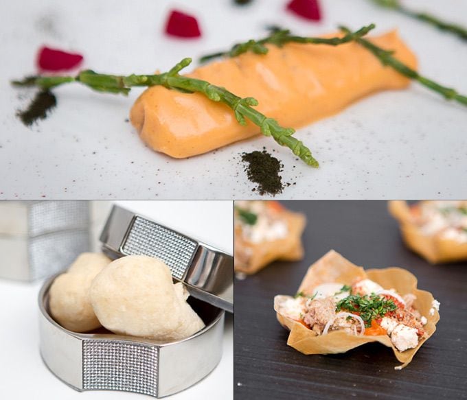Algunas de las creaciones de las que se puede disfrutar en los menús ofrecidos por los grandes chefs que este año participan en la séptima edición de 'Maison G.H. Mumm': Caballa en adobo, de Ángel Leon (imagen superior); Bizcocho de polvillo, de los hermanos Torres (imagen inferior izquierda); y Escabeche de mejillones, de Joan Roca (imagen inferior derecha).
