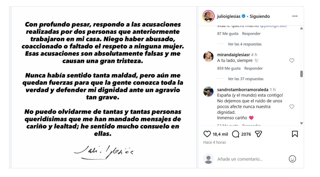 Mensaje de Miranda a su marido Julio Iglesias