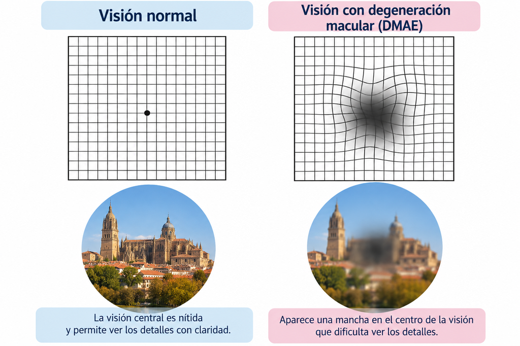 En las primeras fases de la DMAE, la visión no es nítidas, las lineas supuestamente rectas pueden verse torcidas y puede apreciarse una mancha que dificulta ver los detalles