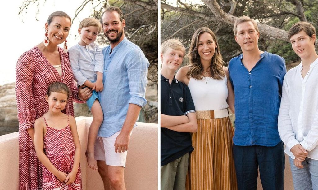
Arriba, el príncipe Carlos, de quince meses, disfrutó de la playa junto a sus sonrientes padres, el príncipe Guillermo y la princesa Estefanía, quien vestía un diseño floral de Pampelone. Abajo a la izquierda, Félix y Claire Lademacher —vestida como su hija—, con la princesa Amalia (siete años) y Liam (cuatro), en una de las terrazas de la villa. Al lado, el príncipe Luis, con los hijos que tuvo en su primer matrimonio y su prometida, Scarlett-Lauren Sirgue. La abogada parisina, con camiseta y pantalón de rayas, se unió por primera vez a la familia.
