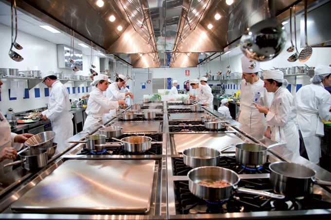 Cocineros profesionales en uniformes blancos y gorros, trabajando en una cocina industrial.