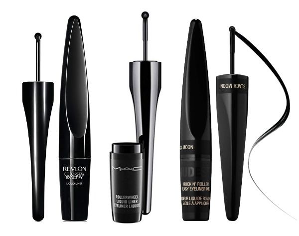 Revlon ColorStay Exactify Liquid Liner Intense Black, MAC Rollerwheel Liquid Liner Rollin' Black Shine, Nudestix Rock N' Roller Easy Eyeliner Ink 