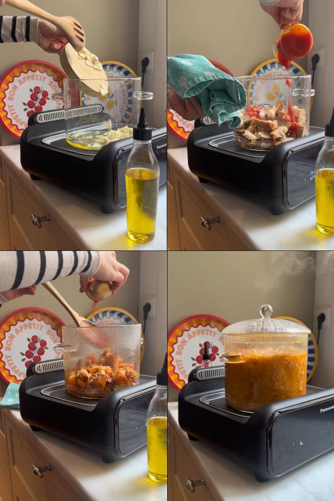 Algunos de los pasos que Samantha sigue para hacer su receta de sopa de ajo. 