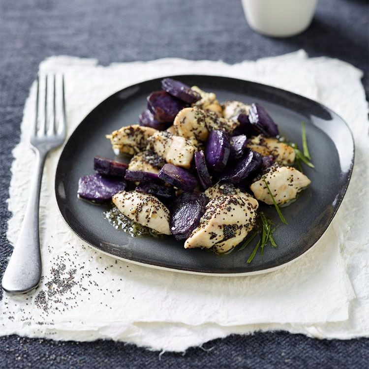 Pollo al jengibre con patata morada