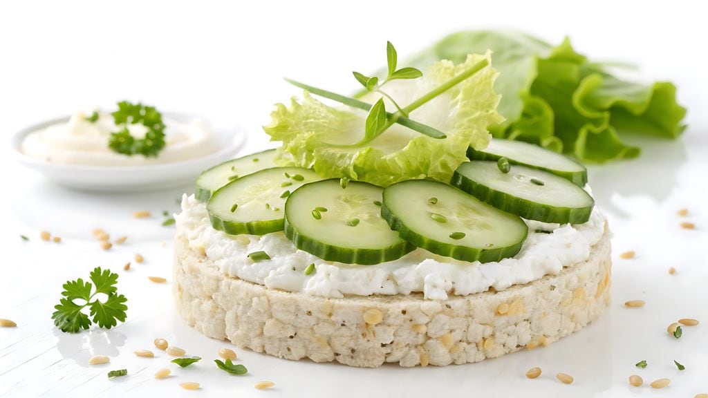 Tortitas de arroz con queso crema y rodajas de pepino