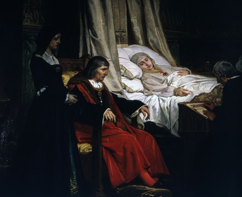Detalle de Doña Isabel la Católica dictando su testamento (1864), óleo de Eduardo Rosales conservado en el Museo del Prado (Madrid), que recrea los últimos momentos de la reina junto a Fernando de Aragón