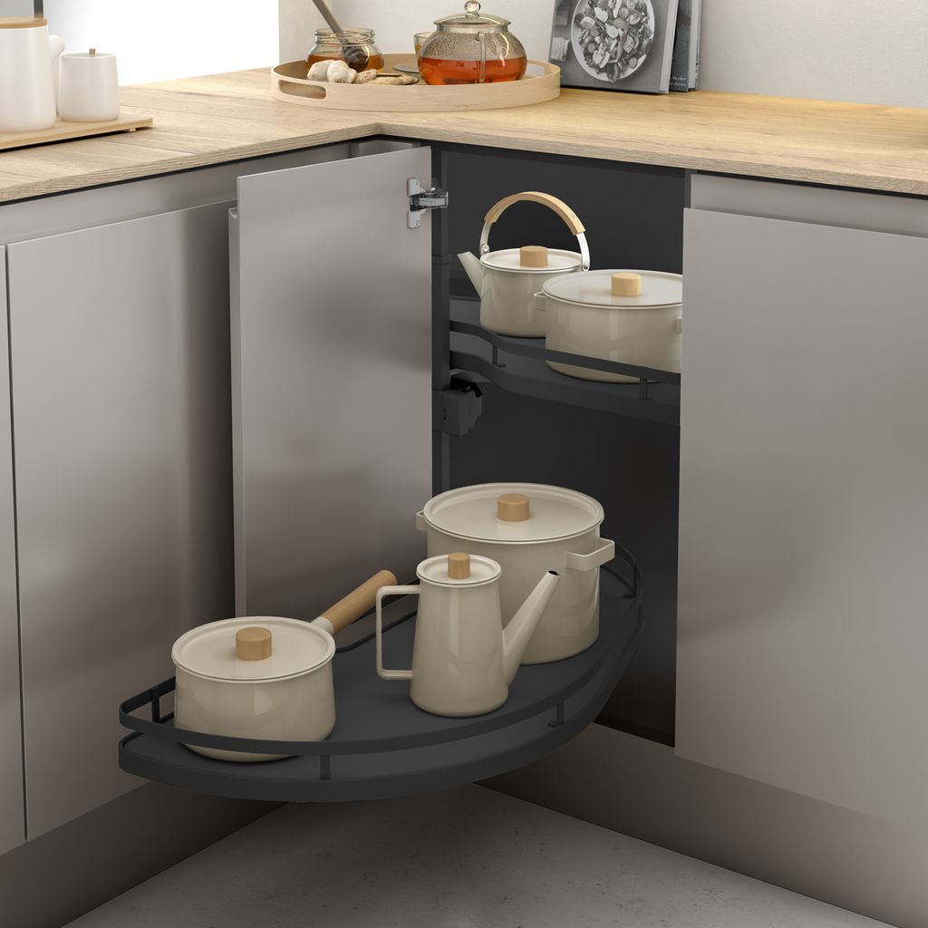 Mueble esquinero con bandejas extraíbles para un cómodo acceso a todo el contenido