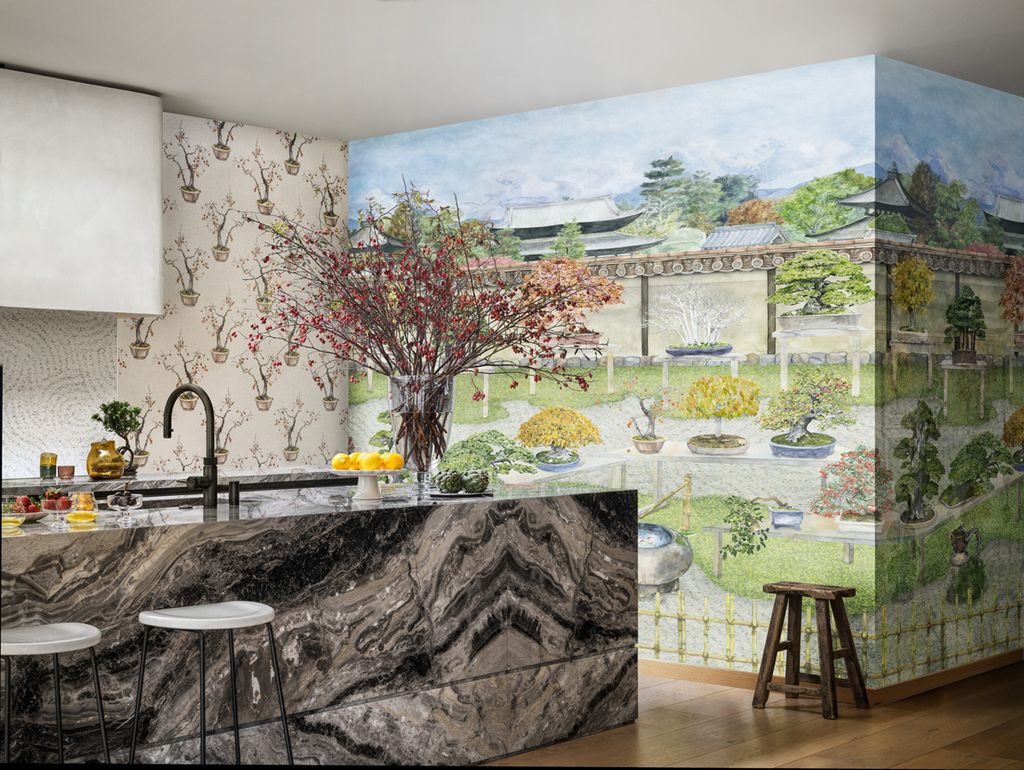 Cocina con mural decorativo