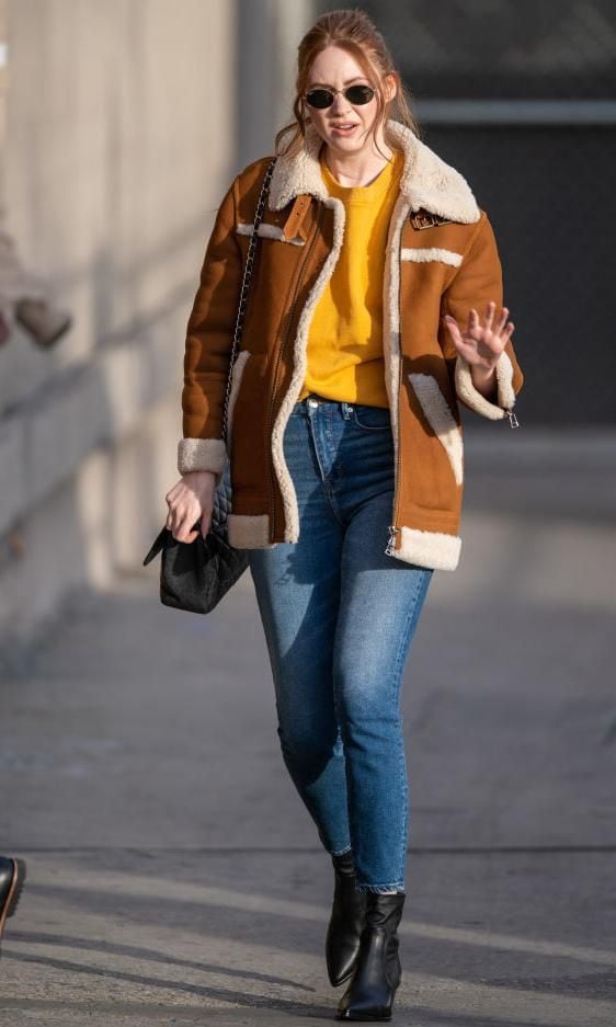 karen gillan con shearling jacket