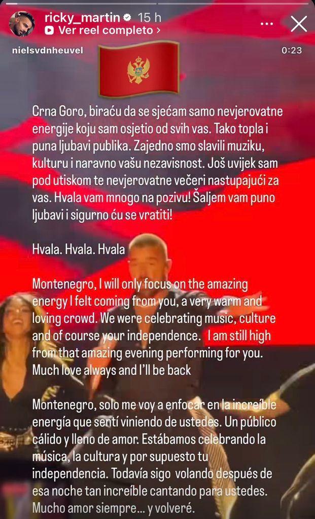 Ricky Martin y su mensaje a Montenegro.