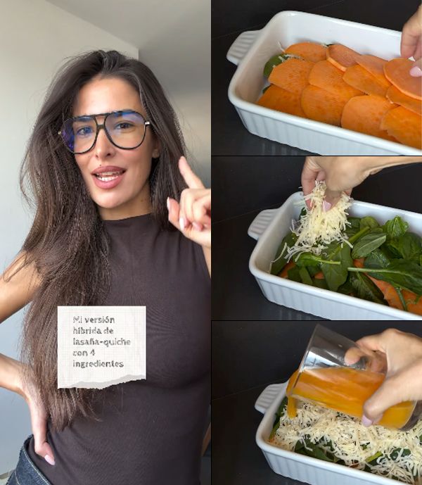 La presentadora superpone distintos ingredientes en su receta, a la manera de una lasaña.