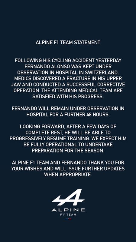 Fernando Alonso, operado 'con éxito' de la mandíbula t