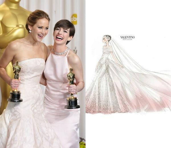 Anna Hathaway, de rosa en los Oscar, un color que parece estar entre los favoritos de la actriz, que también se casaba vestida con un diseño soft pink.
