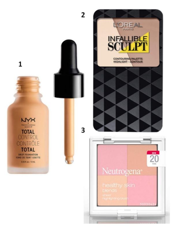 NYX Professional Makeup Total Control Drop Foundation, L'Oréal Paris Infallible Sculpt Contour Palette y  Neutrogena Highlighting Blush 