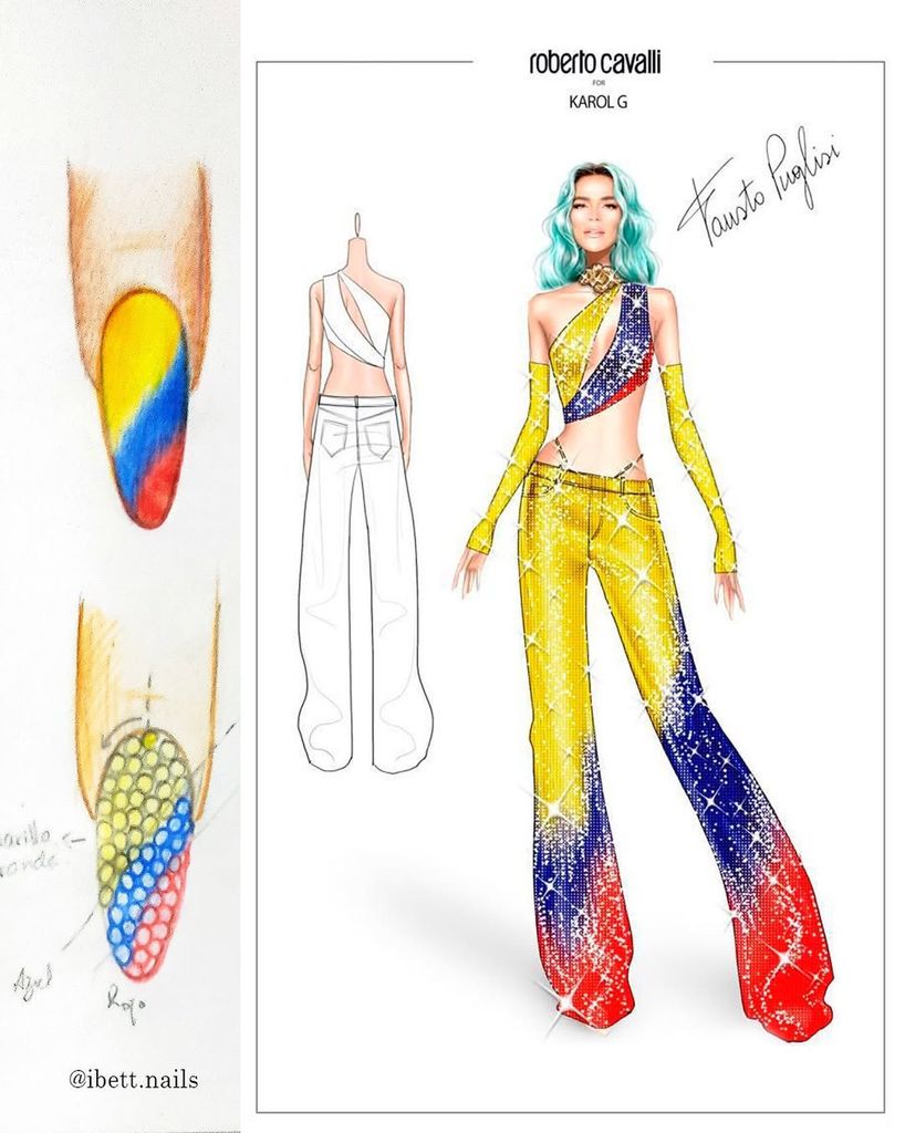 El boceto para el diseño de uñas de Karol G para Coachella en 2022