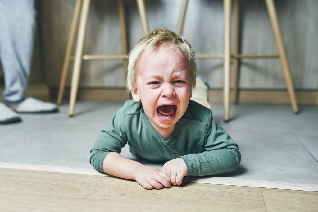 Niño pequeño en el suelo llorando con una rabieta