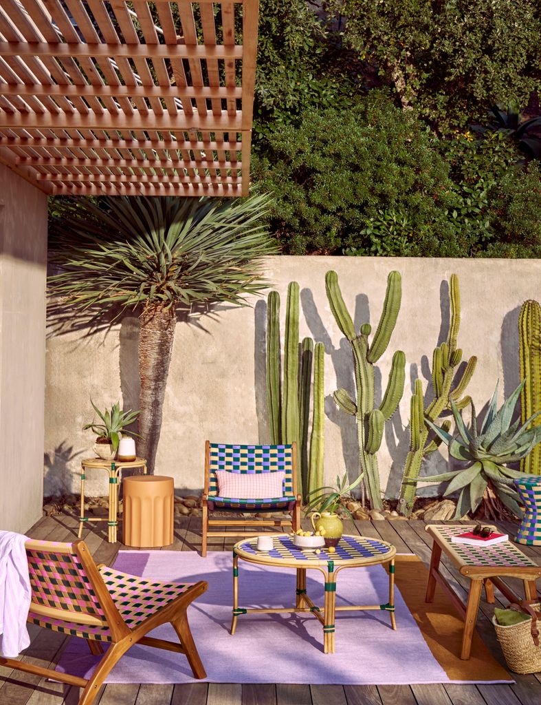 Terraza decorada con muebles de colores y cactus